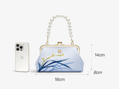 Embroidery Leather Pearl Chain Kiss Lock Clutch Handbag Orchid