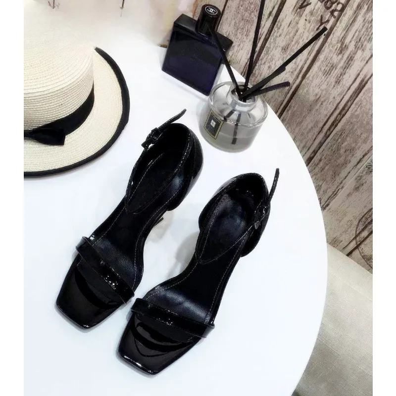 Summer Sexy Lady Fashion Women's Shoes Casual Designer Black Leather One Strappy Sandal Metal High Heels Gladiator Zapatos Mujer