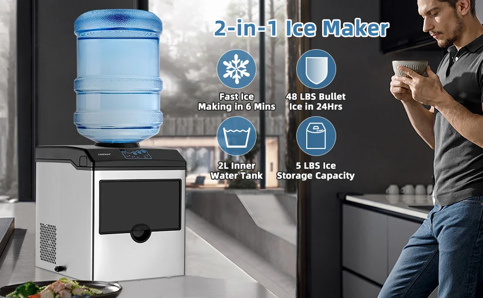 2-in-1 Stainless Steel Countertop Ice Maker with Water Dispenser