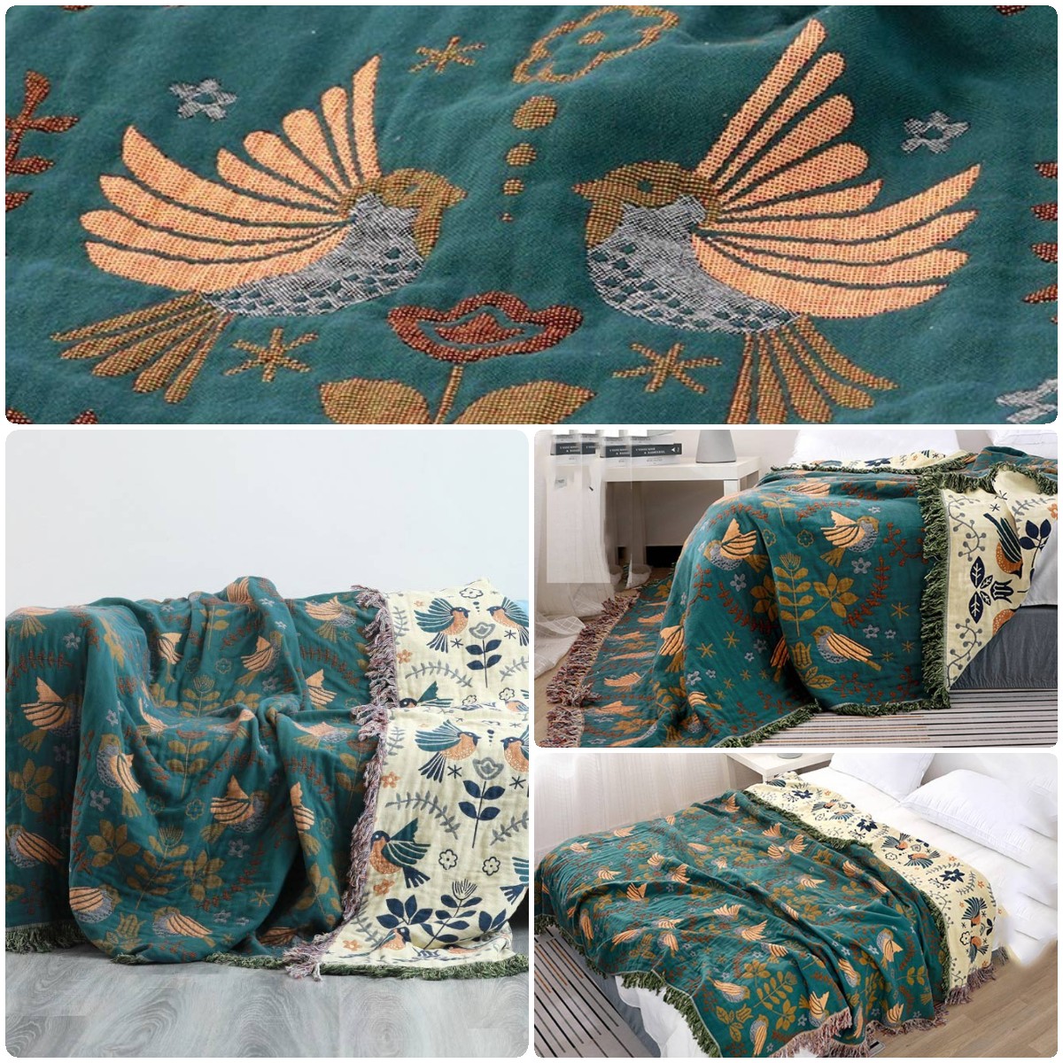 Boho Breathable Flower Bird Reversible Quilt