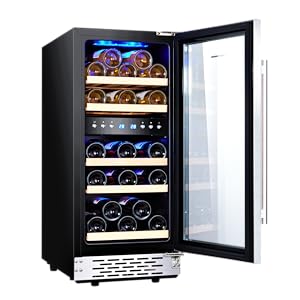 dual zone wine fridge with adjustable beech wood wine racks