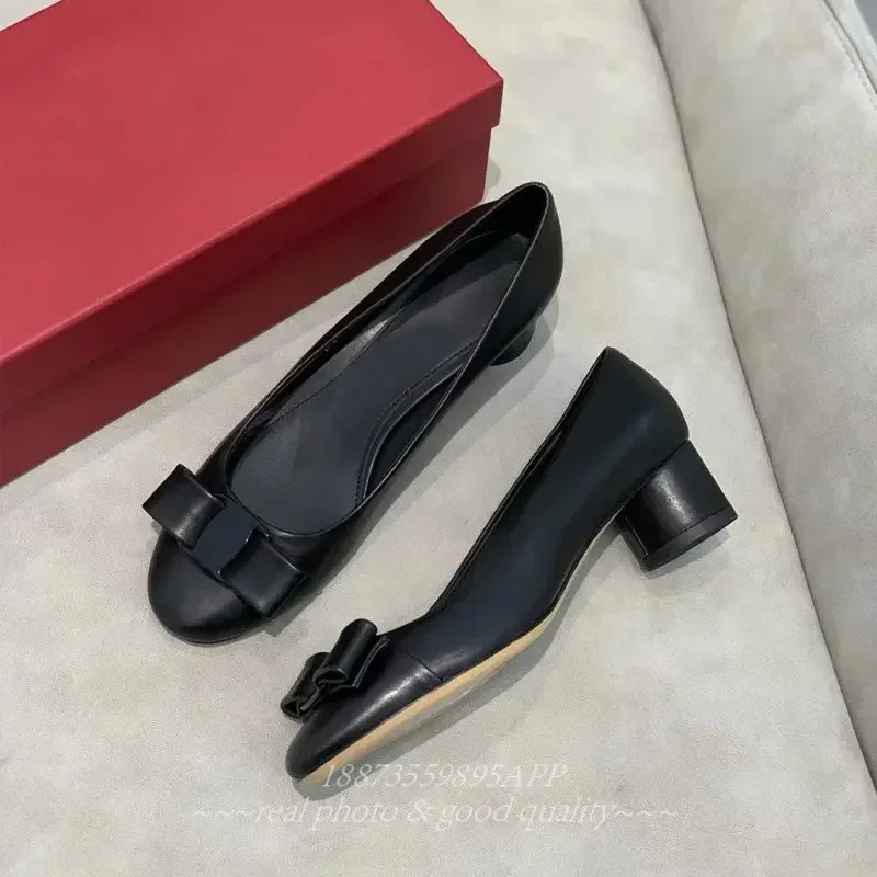 New two-tone cylindrical heel Classic bow women's chunky heels round toe loafers leather suede elegant work shoes