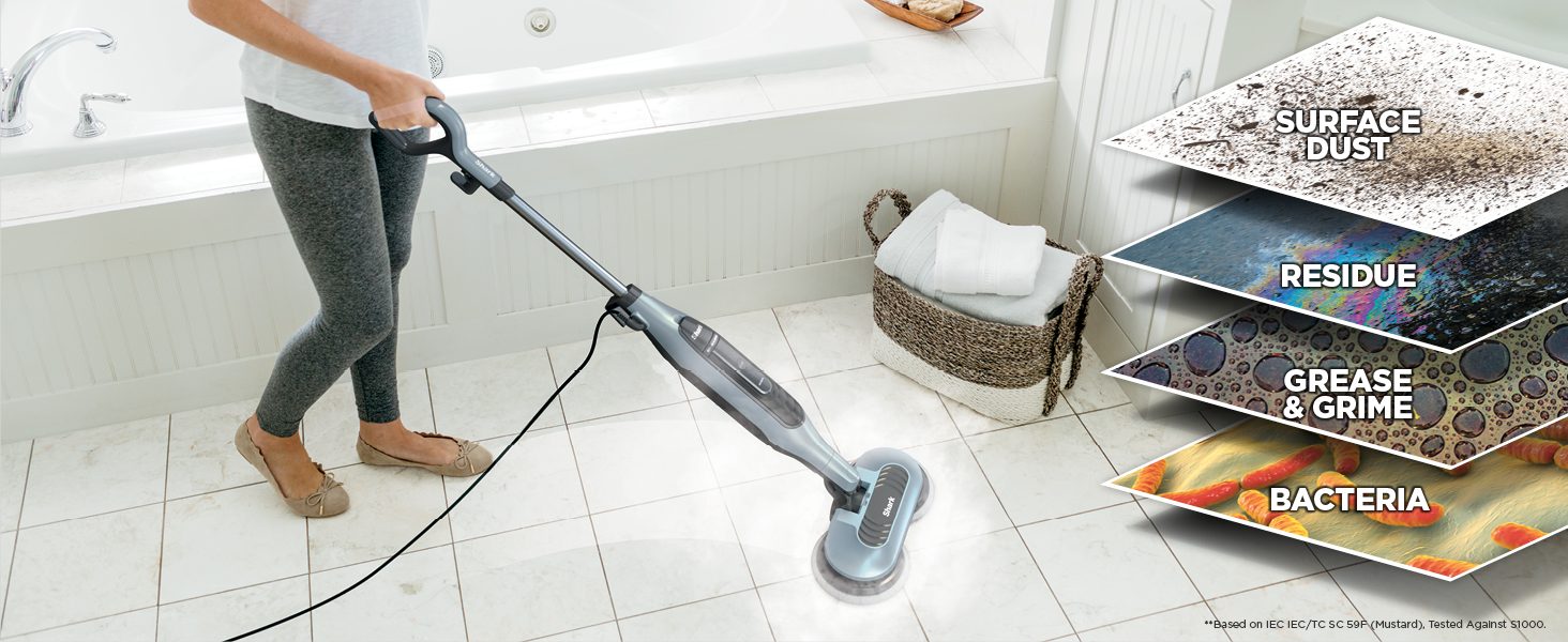 shows the different type of grime that the steam mop picks up in bathrooms