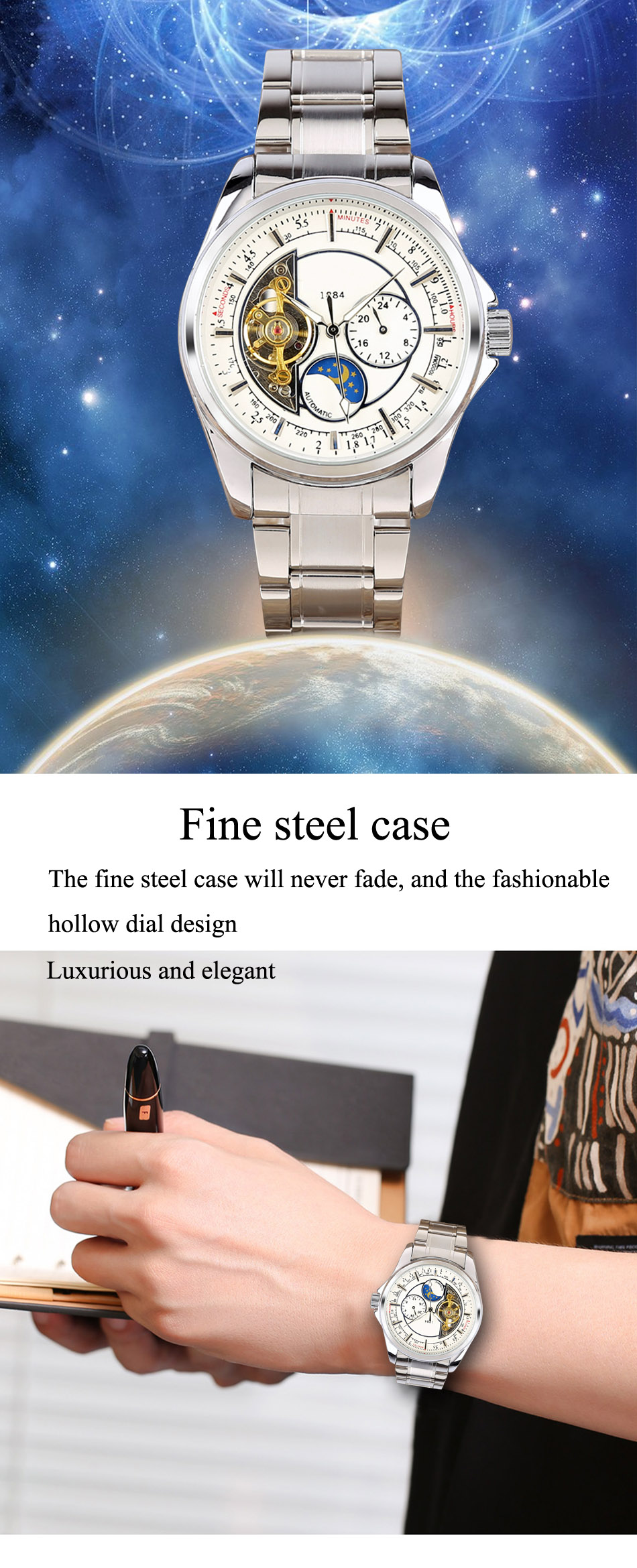 Hot sale wholesale Automatic Mechanical stainless steel Watches  Men Moon Phase function Watch