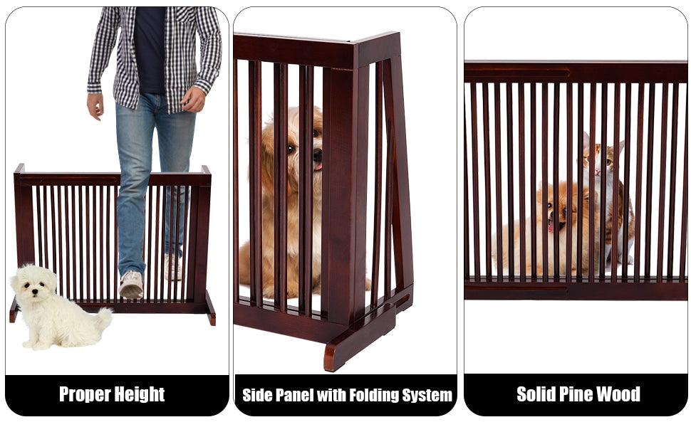 Freestanding Pet Gate Expandable Wood Dog Gate 28''- 80'' Adjustable Step Over Pet Fence for Indoor