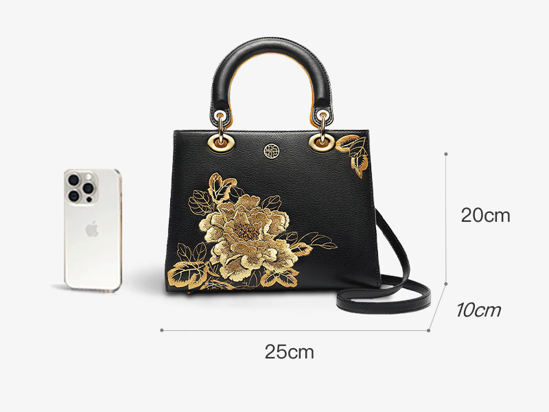 Embroidery Leather Black Lady Bag Gold Peony Luxury HandBag