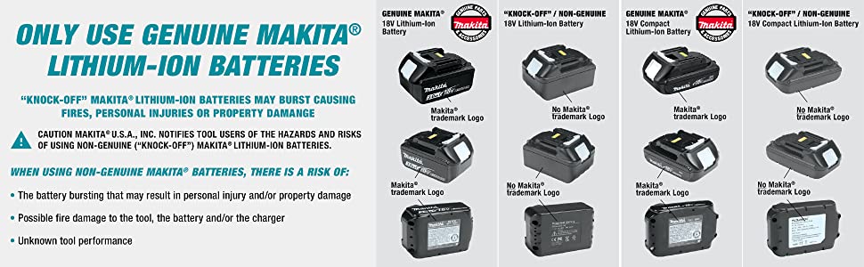 only use genuine makita lithium-ion battereis knock-off cause damage and risk