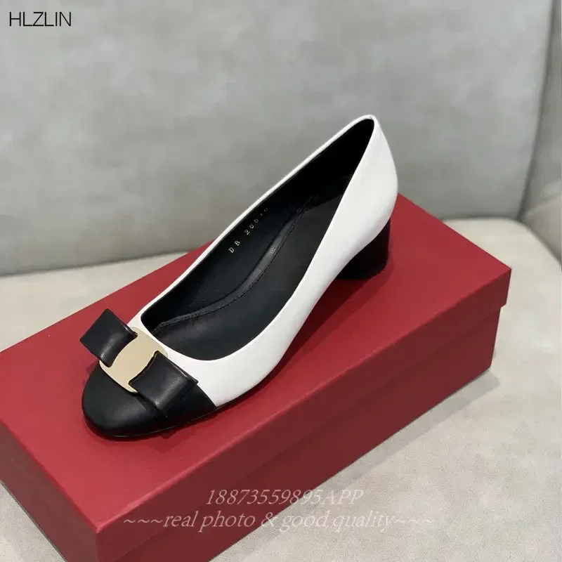 New two-tone cylindrical heel Classic bow women's chunky heels round toe loafers leather suede elegant work shoes