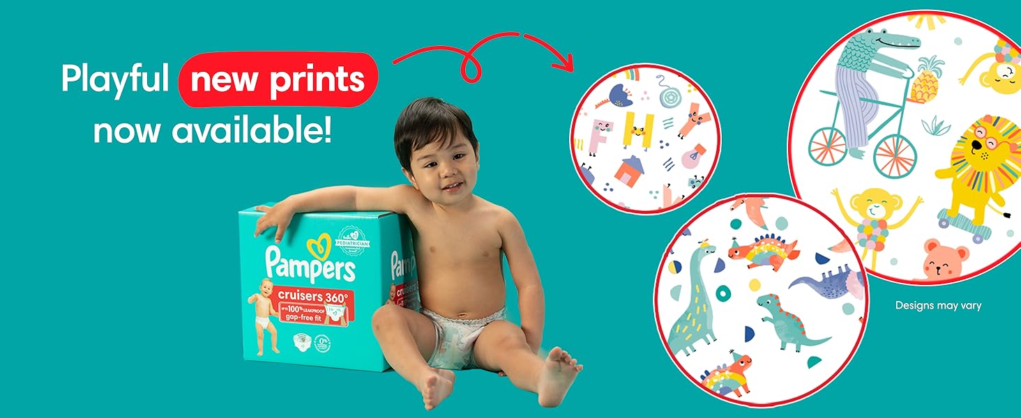 Baby sitting next to diaper box - presenting different print styles