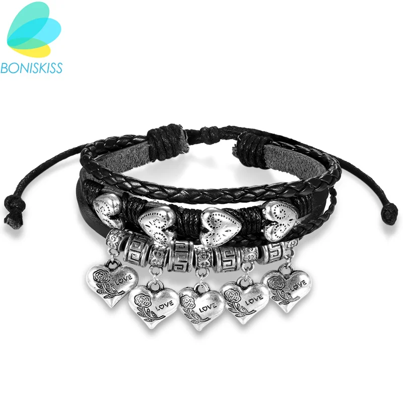 Boniskiss Love Women Bracelets & Bangles 2017 Heart Charm Black Leather Bracelets Fashion Bangles For Women
