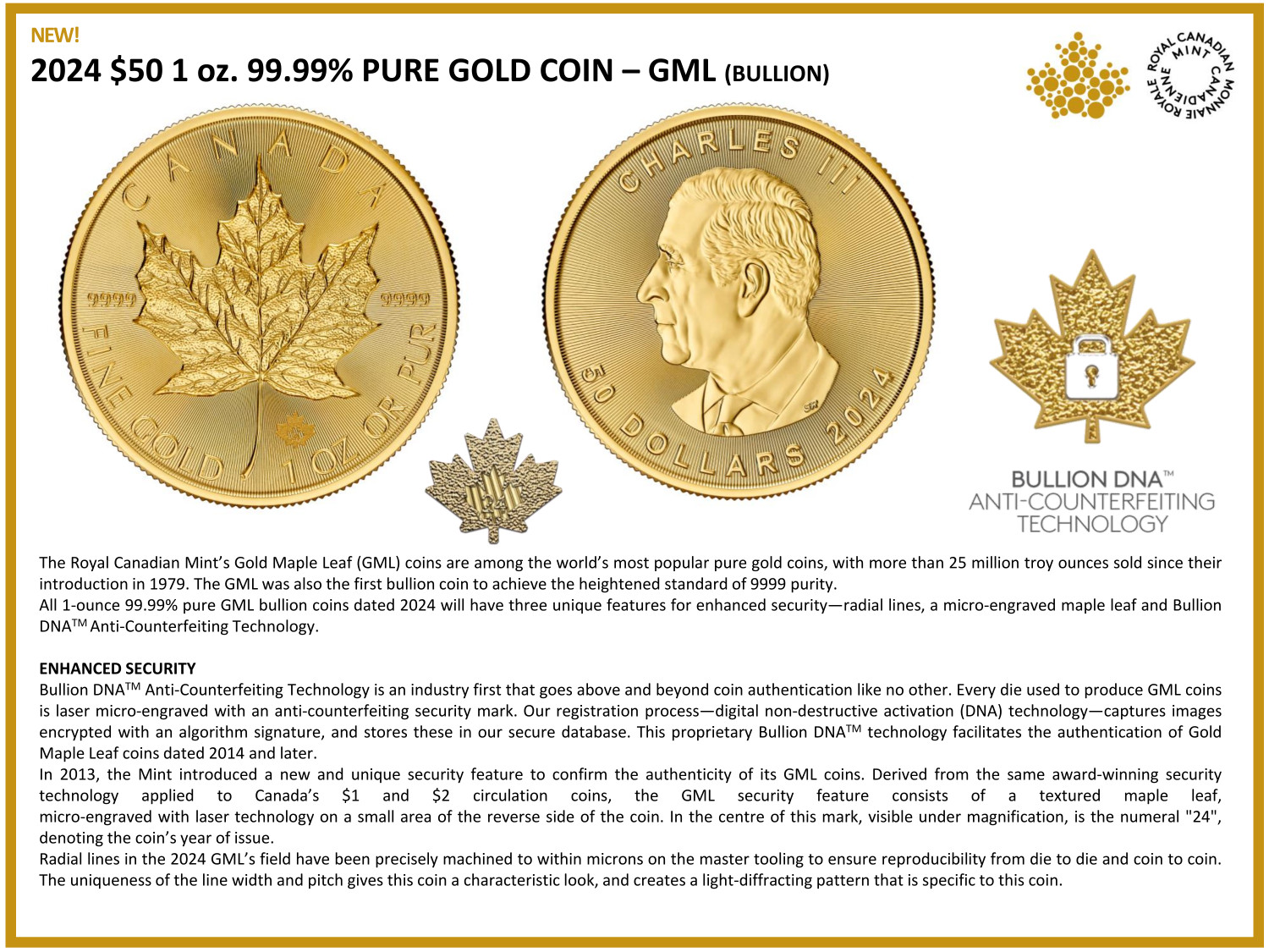 2024 1 oz Canadian Gold Maple Leaf King Charles III BU | LCR Coin