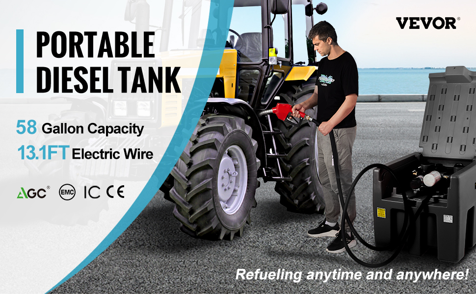 VEVOR portable diesel tank with 58-gallon capacity and 13.1ft electric wire refueling a tractor.
