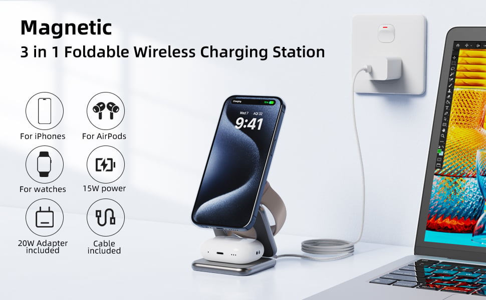 3 in 1 magnetic foldable wireless charger for iphone apple watch charging stand