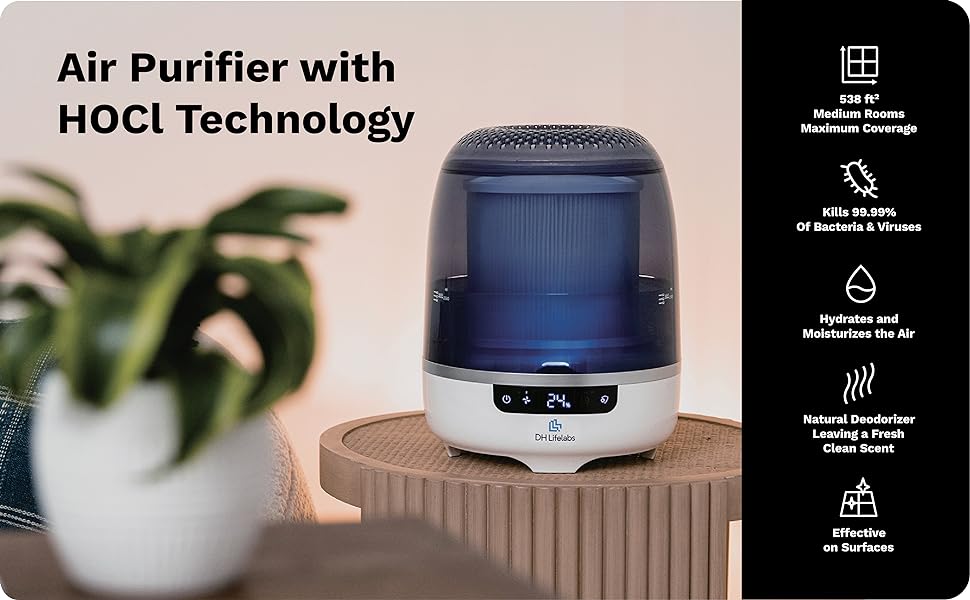 DH Lifelabs | Aaira + Humidifier Hydrating Dry Air Purifier | HOCl Cleans, Deodorizes for Bedrooms