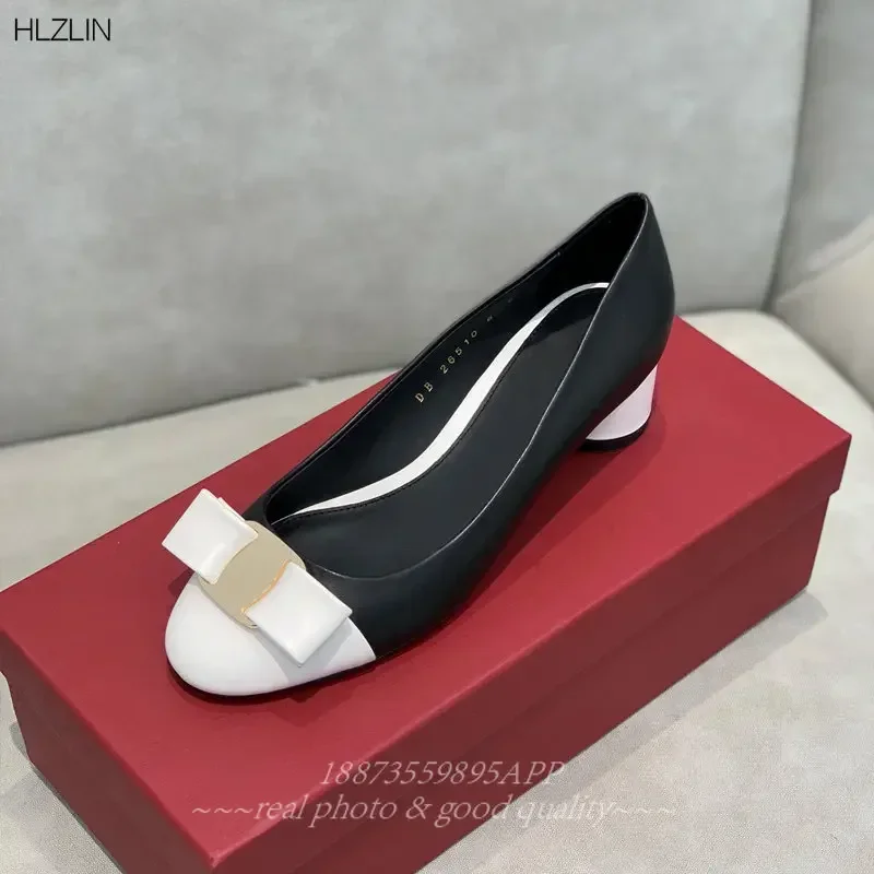 New two-tone cylindrical heel Classic bow women's chunky heels round toe loafers leather suede elegant work shoes