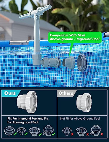 💦【Perfect for Most Swimming Pools】  Simple additional adapter design compatible with most 1 ½" Inground Pool return jet and 1 ½" / 1 ¼" Above Ground Pool inlet/outlet fittings.