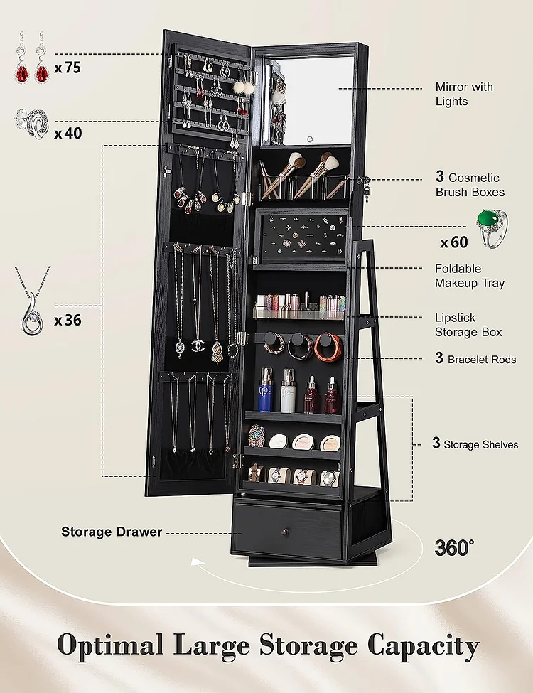 360° Swivel Jewelry Cabinet with Lights, Touch Screen Vanity Mirror, Rotatable Full Length Mirror with Jewelry Storage, Standing Jewelry Armoire Organizer, Foldable Makeup Shelf, Rustic Brown