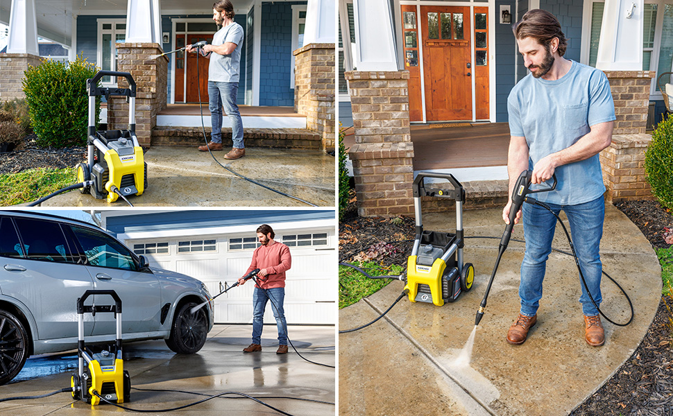 A person cleaning a driveway, facade, and car with a pressure washer