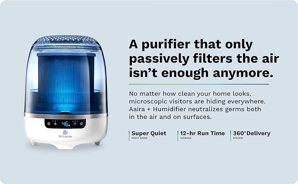 DH Lifelabs | Aaira + Humidifier Hydrating Dry Air Purifier | HOCl Cleans, Deodorizes for Bedrooms