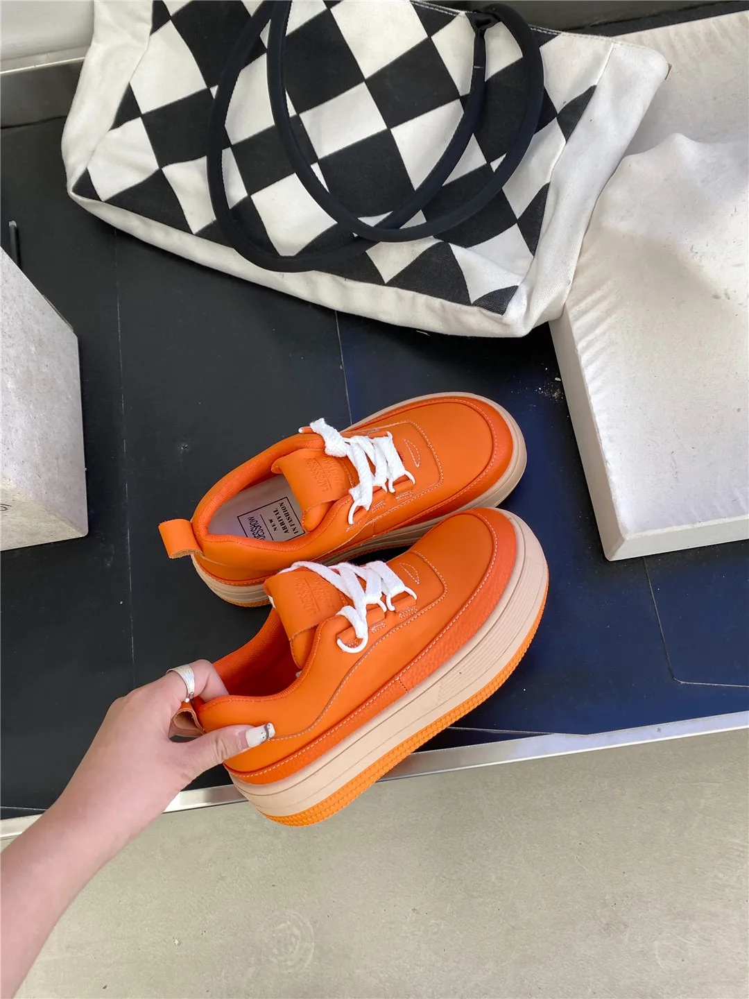 Trendy Style Designer Sneaker For Women Orange Height Increasing Thick Heels Cozy Fit Real Leather Sport Casual Shoes Cozy Fit