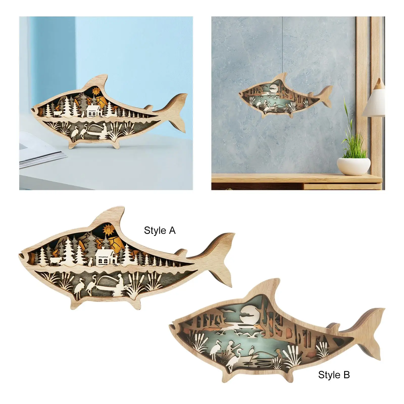 Creative Wooden Sea Creatures Decorative Statues Carved Fish DIY Marine Theme
