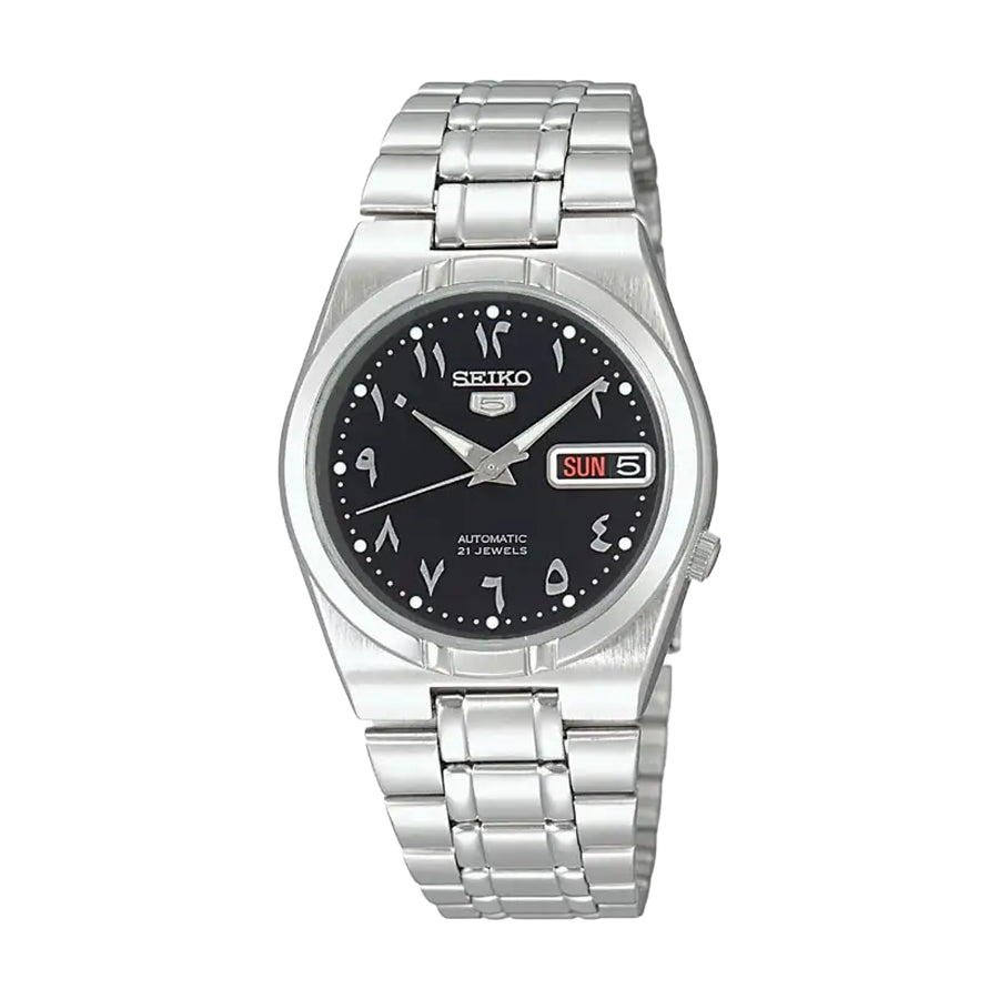 seiko 5 automatic black arabic dial stainless steel men's watch snk063j5