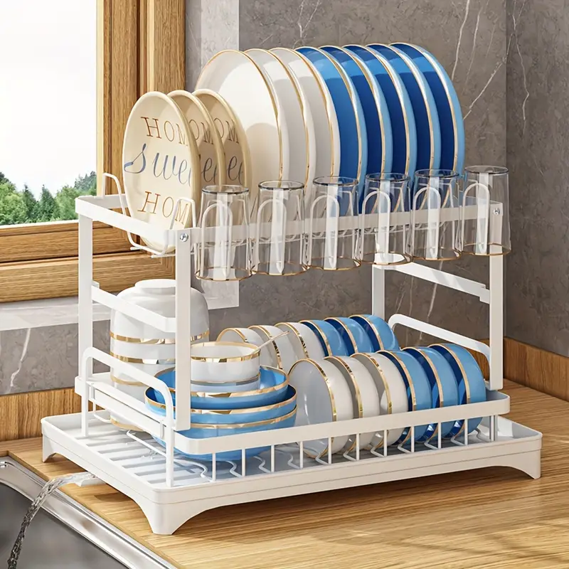 1pc dish drying rack for kitchen counter over the sink detachable larger capacity 2 tier dish drying rack drainboard set with double layer bowl rack cup rack drain board sticky board rack cutlery rack kitchen accessories black white details 9