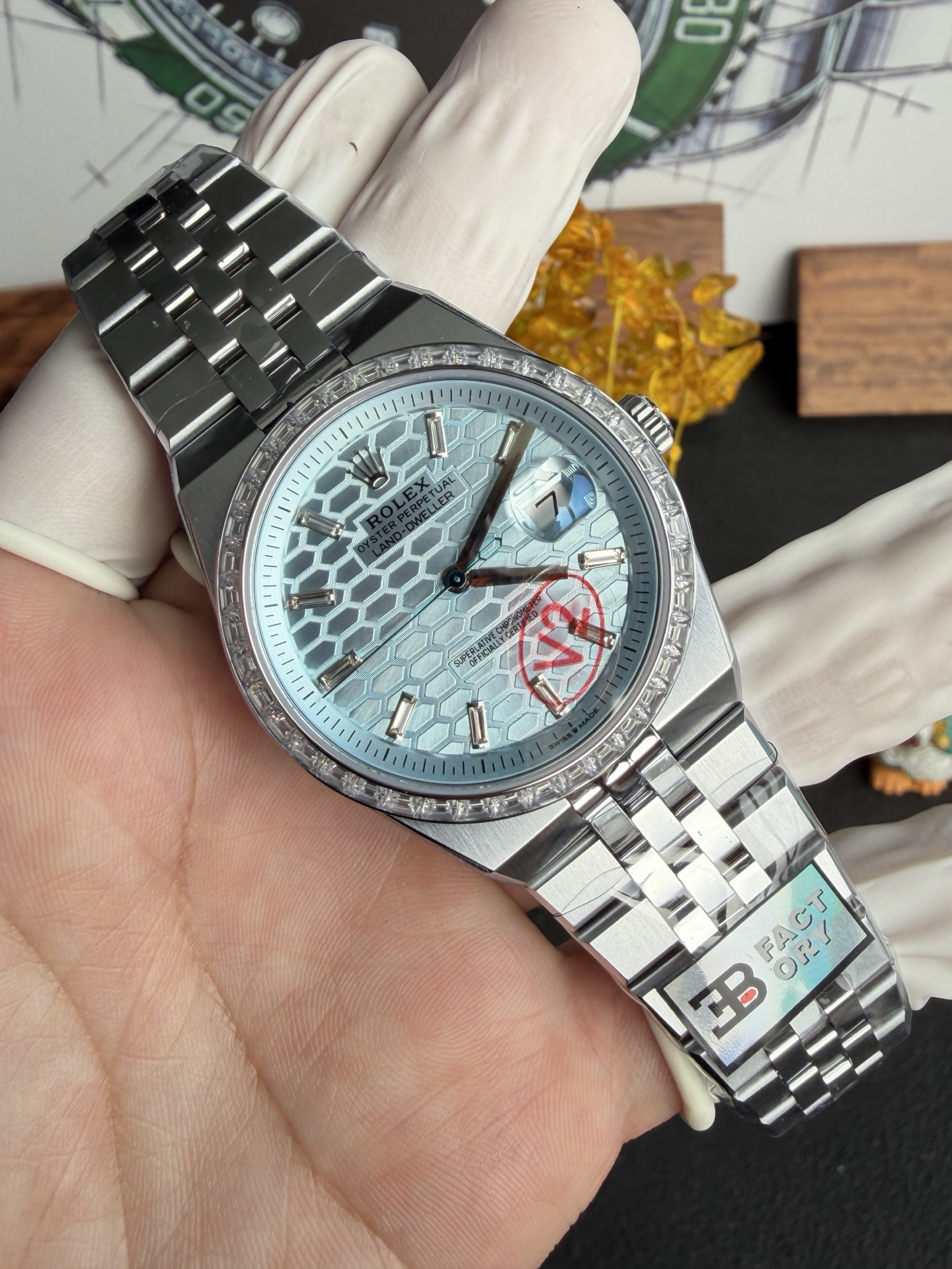 GYL Rolex Land-Dweller 127386TBR-0001 Ice-blue Honeycomb-motif Diamond-set Dial Best Replica BPF 40mm-GYL-GaiYalun