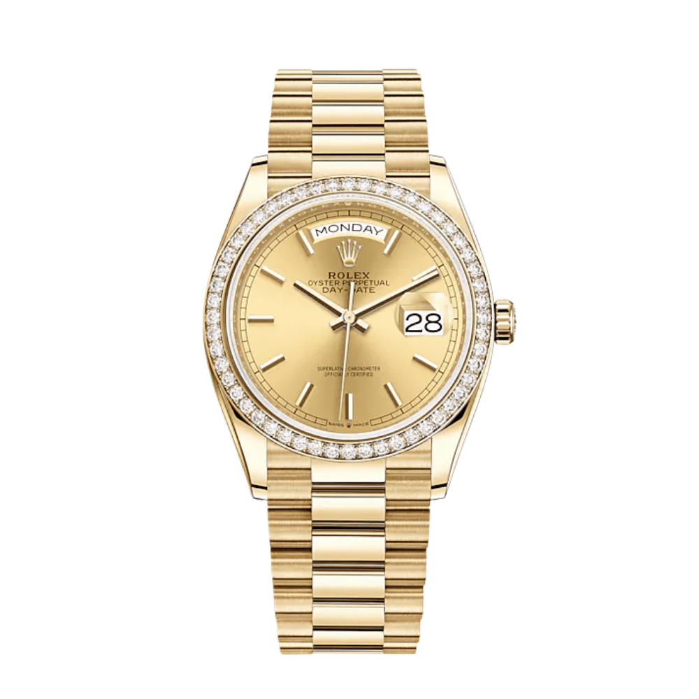 Rolex Day-Date 128348RBR Yellow Gold Diamond Bezel Champagne Dial