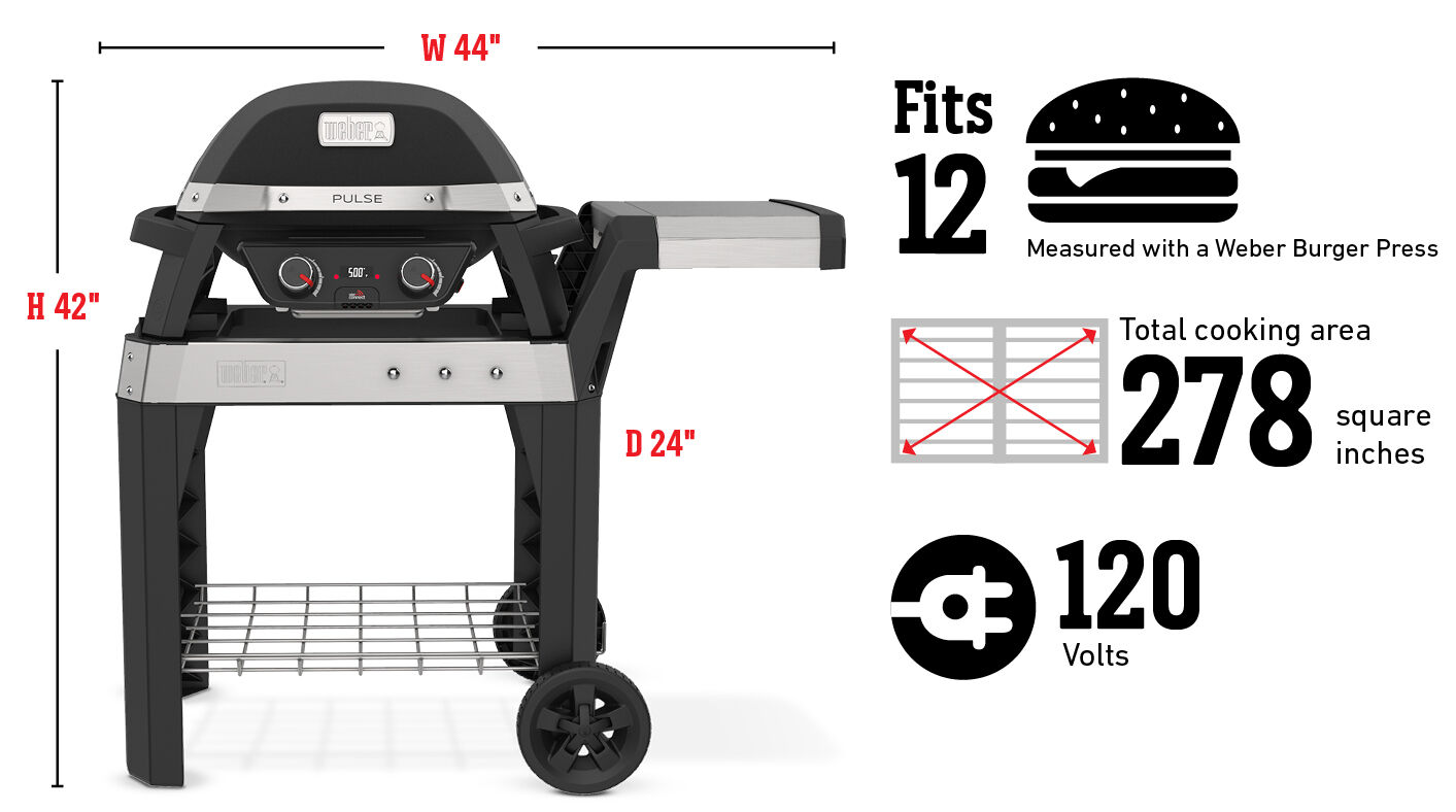 Fits 12 Burgers Measured with a Weber Burger Press, Total cooking area 278 square inches, 120 Volts Fits 12 Burgers Measured with a Weber Burger Press, Total cooking area 278 square inches, 120 Volts