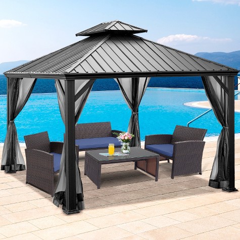 Tangkula 12ft x 10ft Patio Hardtop Gazebo Double Vented Roof Outdoor Galvanized Steel Sun Shelter Brown/Gray, image 3 of 8 slides