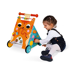 A wooden baby walker