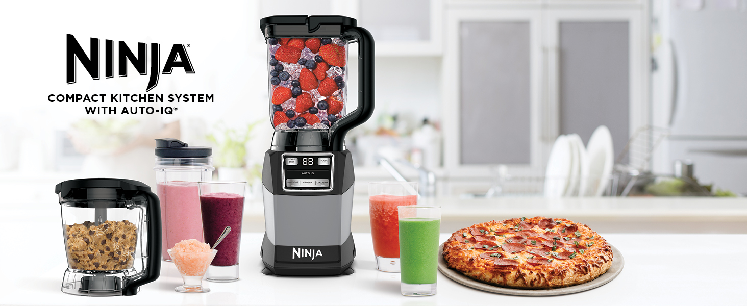 ninja compact kitchen system with auto iq with cookie dough. smoothies. frozen treats. and pizza