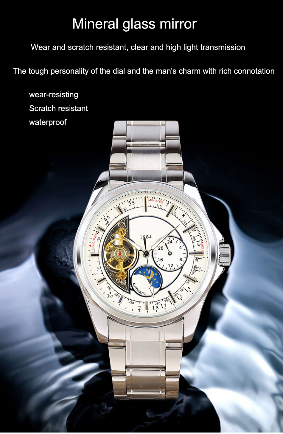 Hot sale wholesale Automatic Mechanical stainless steel Watches  Men Moon Phase function Watch