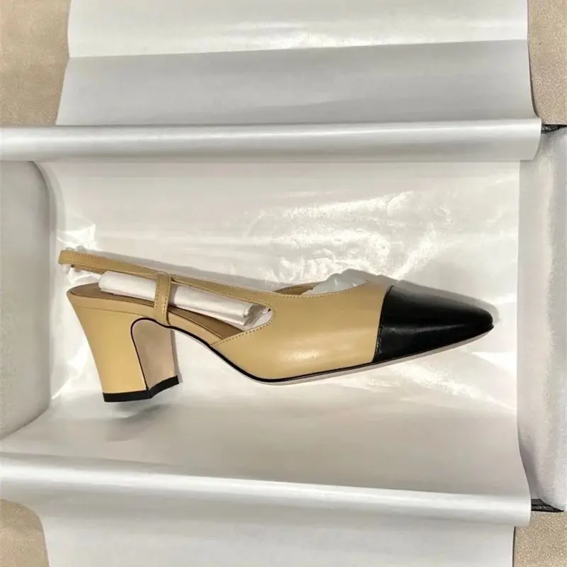 High quality high heeled large size women's single shoes, summer genuine leather square toe thick heels, back hollow sandals