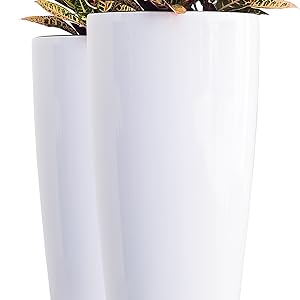 self watering planter, set of 2 nested planters, xbrand, white planter, tall round planter