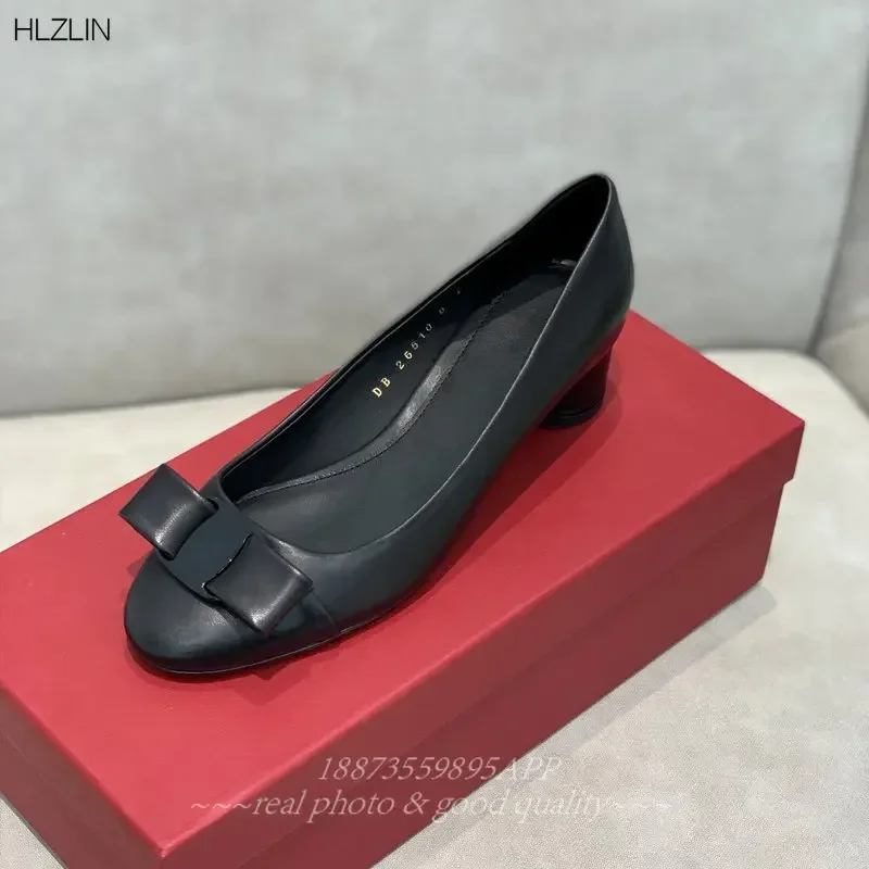 New two-tone cylindrical heel Classic bow women's chunky heels round toe loafers leather suede elegant work shoes