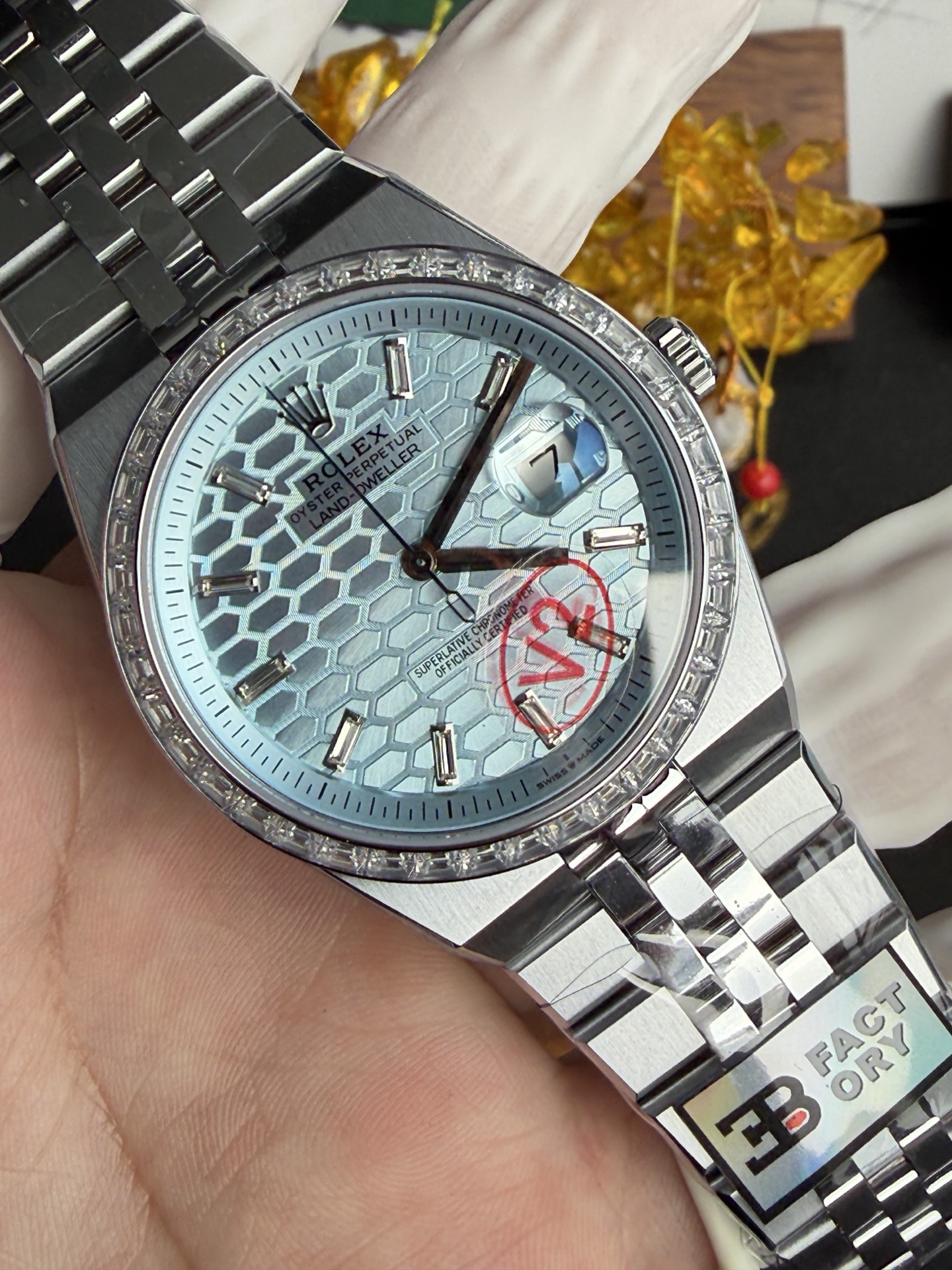 GYL Rolex Land-Dweller 127386TBR-0001 Ice-blue Honeycomb-motif Diamond-set Dial Best Replica BPF 40mm-GYL-GaiYalun