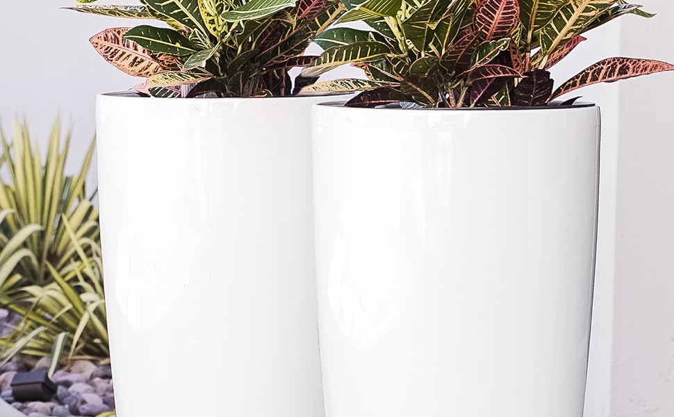 self watering planter, set of 2 nested planters, xbrand, white planter, tall round planter