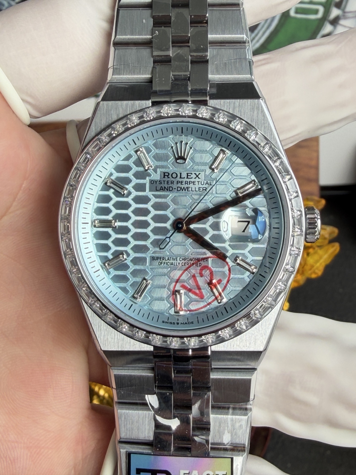 GYL Rolex Land-Dweller 127386TBR-0001 Ice-blue Honeycomb-motif Diamond-set Dial Best Replica BPF 40mm-GYL-GaiYalun