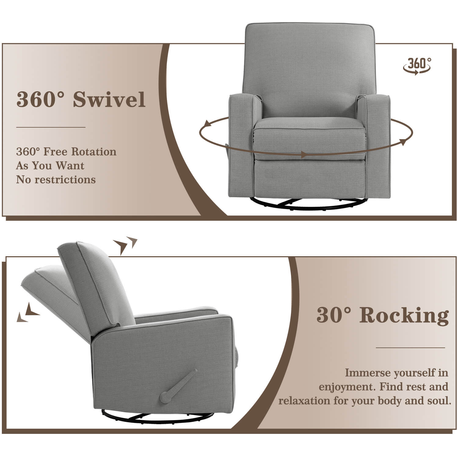 Swivel Glider Rocking Chair Manual Recliner, Grey Fabric