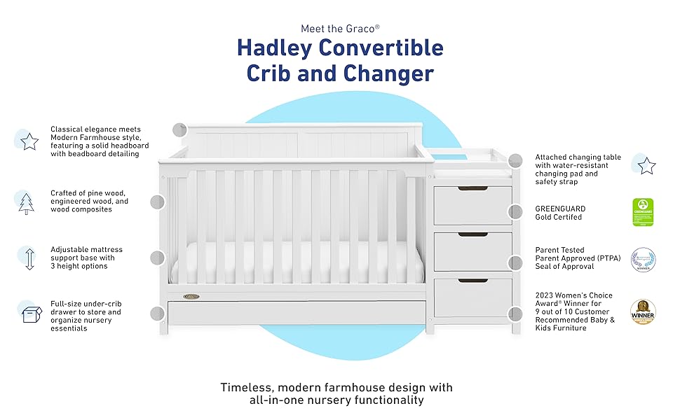 Front view of white crib and changer with features graphic