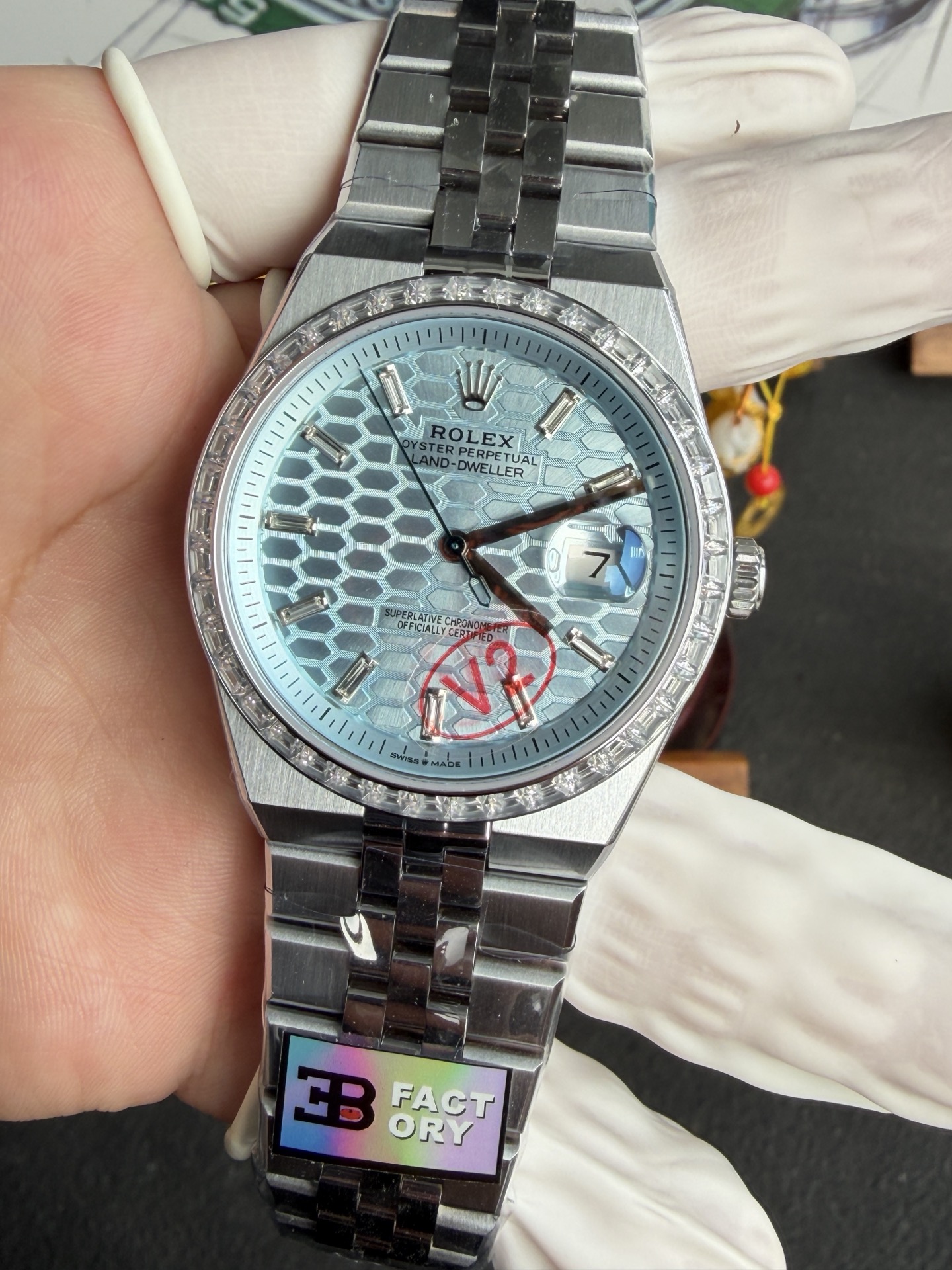 GYL Rolex Land-Dweller 127386TBR-0001 Ice-blue Honeycomb-motif Diamond-set Dial Best Replica BPF 40mm-GYL-GaiYalun
