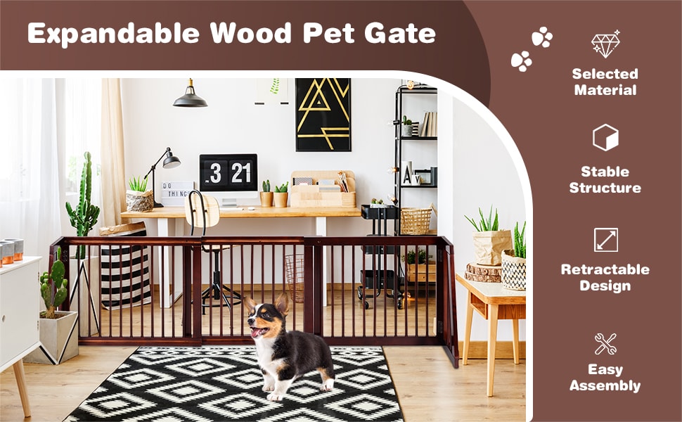 Freestanding Pet Gate Expandable Wood Dog Gate 28''- 80'' Adjustable Step Over Pet Fence for Indoor