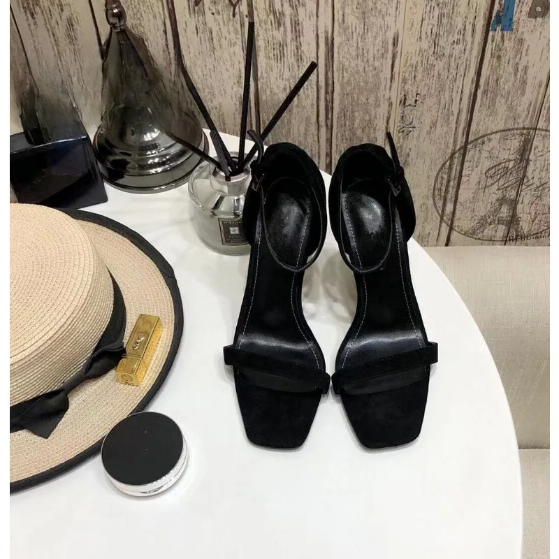 Summer Sexy Lady Fashion Women's Shoes Casual Designer Black Leather One Strappy Sandal Metal High Heels Gladiator Zapatos Mujer