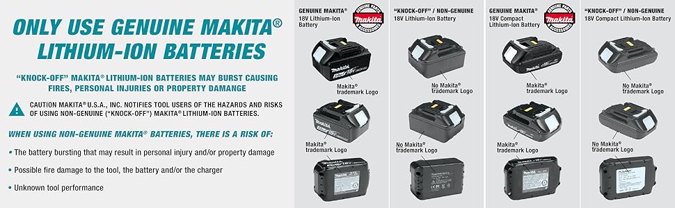 use genuine makita lithium-ion battereis knock-off caution hazards non-genuine damage fire unknown