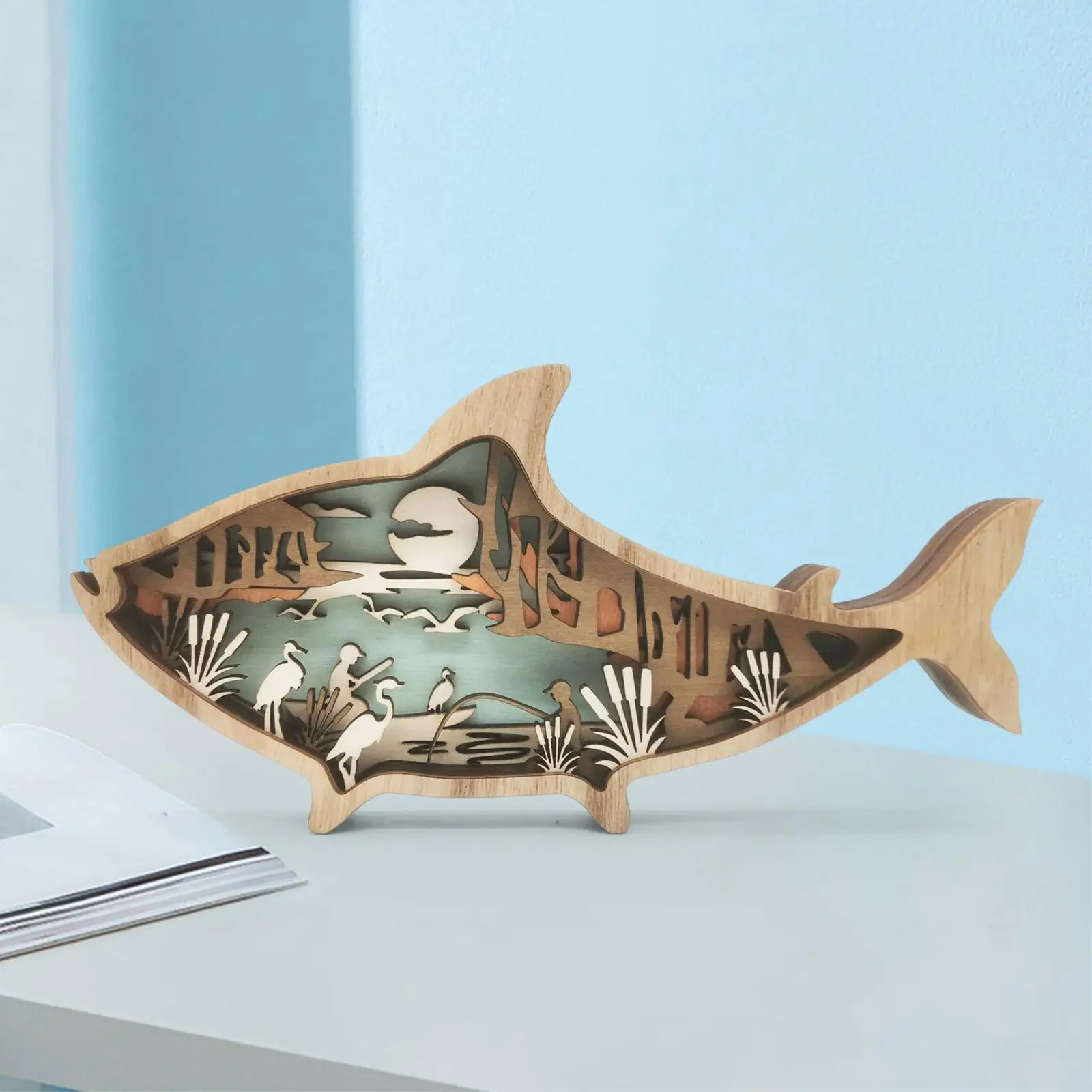 Creative Wooden Sea Creatures Decorative Statues Carved Fish DIY Marine Theme
