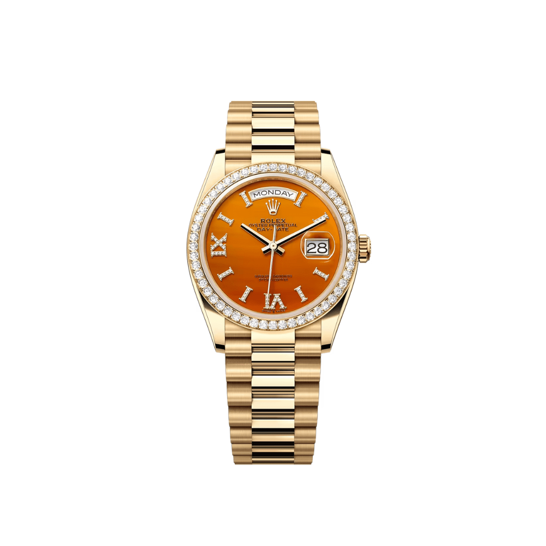 Rolex Day-Date 128348RBR Yellow Gold Carnelian Dial Diamond Bezel