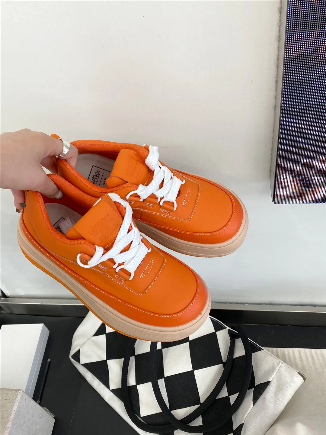 Trendy Style Designer Sneaker For Women Orange Height Increasing Thick Heels Cozy Fit Real Leather Sport Casual Shoes Cozy Fit