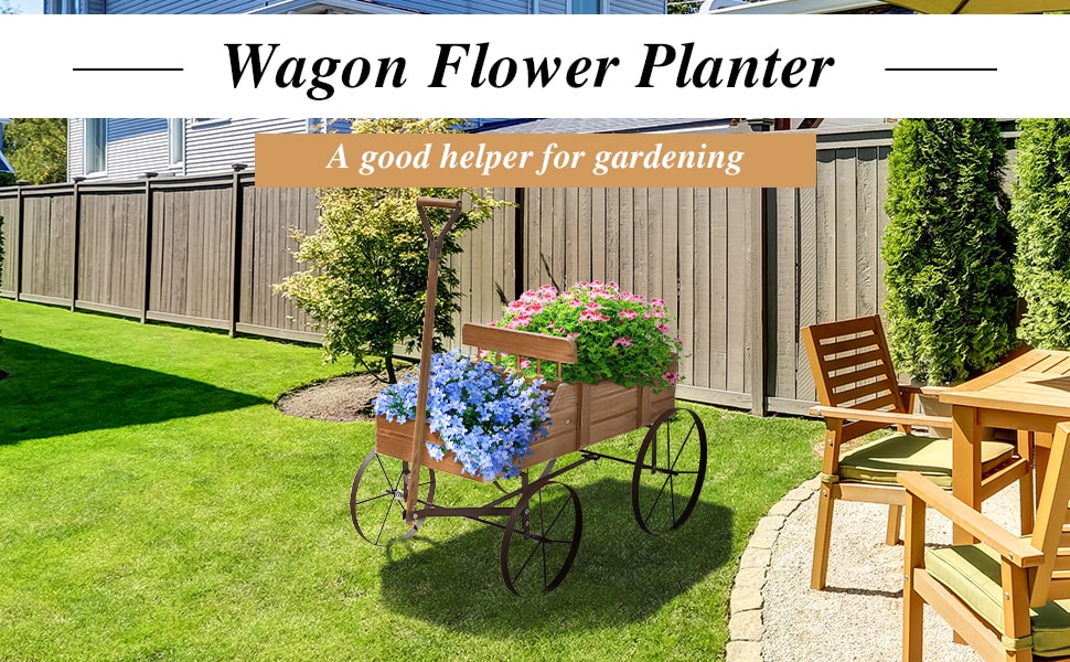 Wooden Garden Planter Wagon Cart with Metal Wheels for Backyard